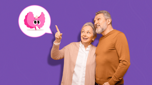 Pareja de adultos señalando hacia un dibujo de tiroides