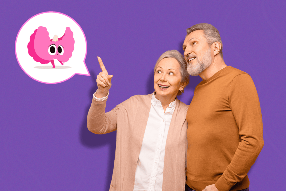 Pareja de adultos señalando hacia un dibujo de tiroides