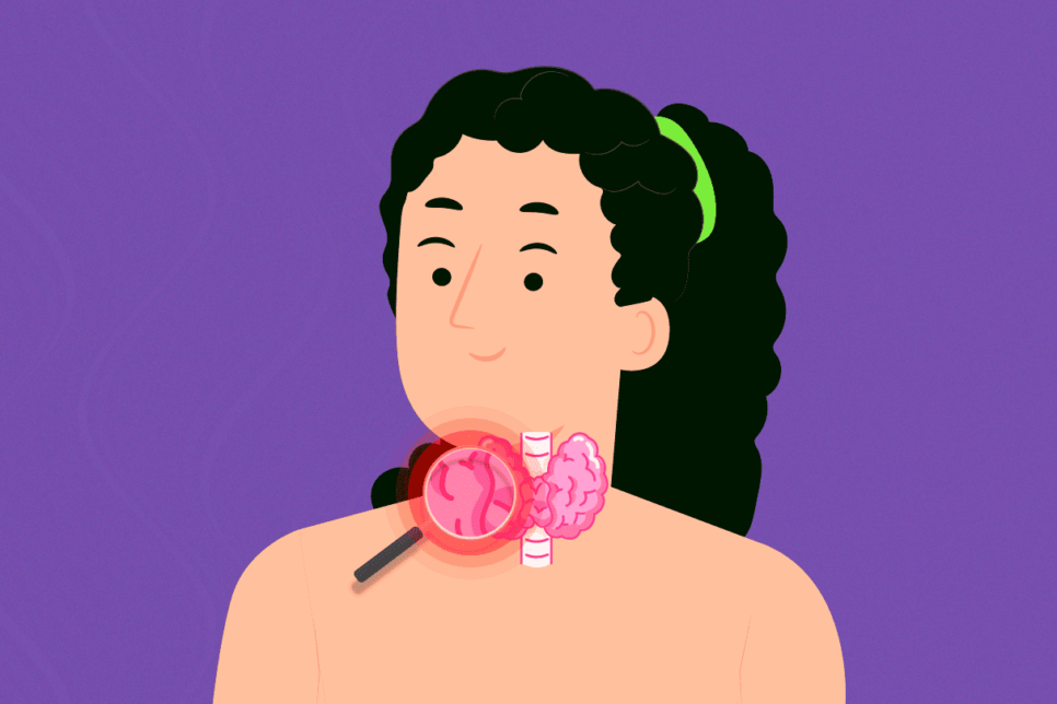 Vector de mujer con lupa señalando la tiroides